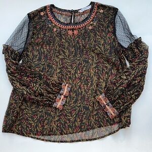 Zara‎ basic sheer shoulder embroidered blouse dark floral edgy print large